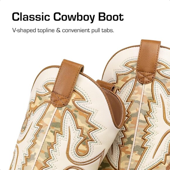 ⚡Girls Camel Cowboy Boots Toddler Mid Calf Western Square Toe Riding Boot - Picture 2 of 6